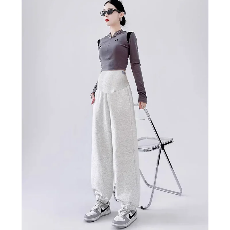 Maternity Sports Trousers with Pockets Spring Autumn Long Loose Pregnant Woman Sweatpants Casual High Belly Pants Sweat Pants