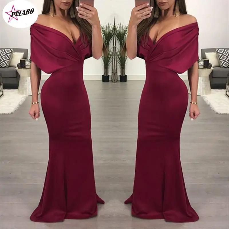 PULABO SALE Long Red Evening Dress Mermaid Chiffon Formal Robe Party Evening Gown Elegant V Neck robe de soiree Short Sleeves