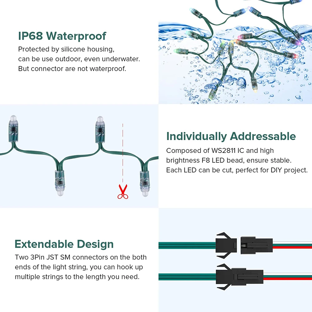 50 قطعة WS2811 تيار مستمر 5 فولت 12 فولت 12 مللي متر LED وحدة أسود أخضر RWB سلك سلسلة عيد الميلاد ضوء عنونة IP68 مقاوم للماء