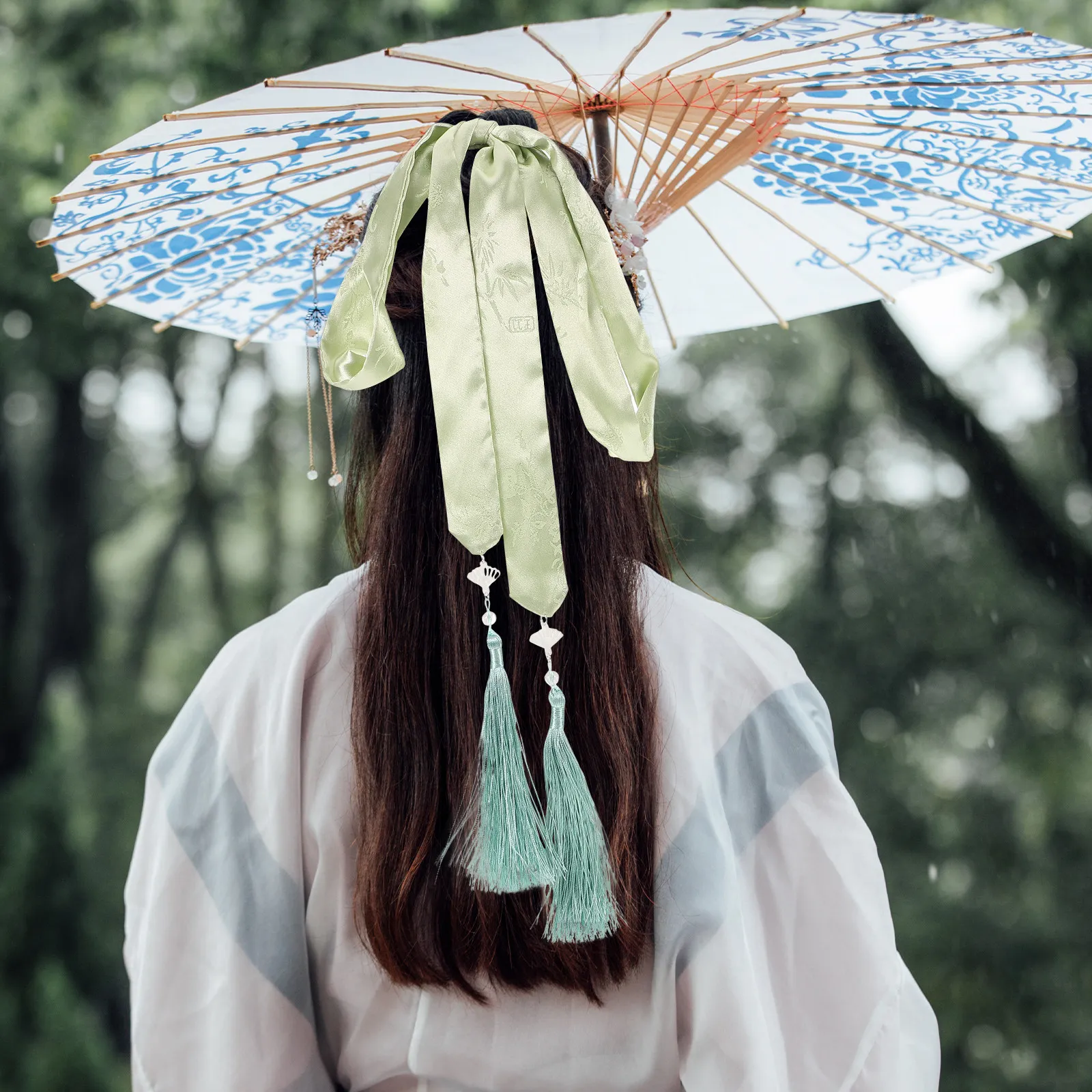 

Шелковая лента для волос в стиле Ханьфу с зелеными хризантемами и бамбуковым узором, с подвеской-кисточкой, для культурных мероприятий и традиционных свадеб