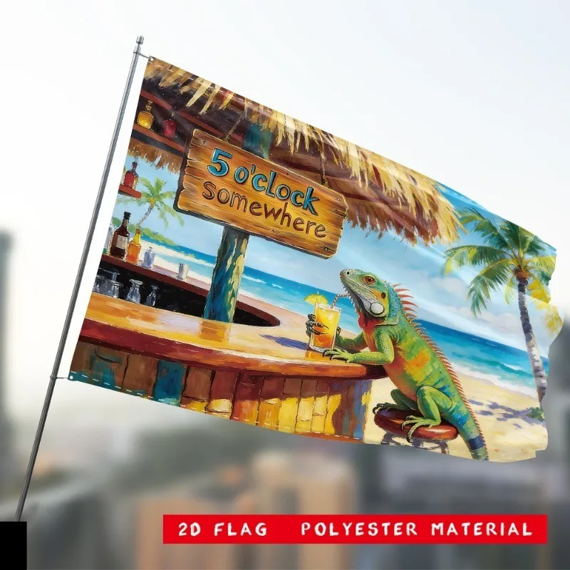 Funny Iguana 5 O'Clock Somewhere Beach Flag Polyester Outdoor Summer Holiday Banner