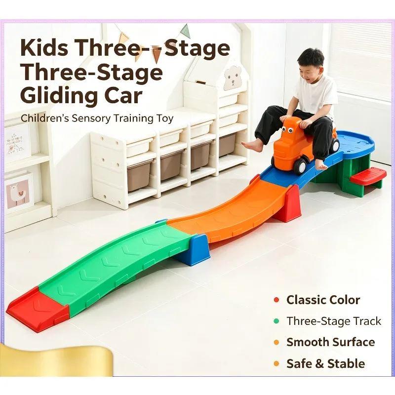 3 Stage Kids Slide Car Indoor Balance Track Coaster Ride On Toy Plastic Rail Glider for Toddler Preschool Early Learning Fun