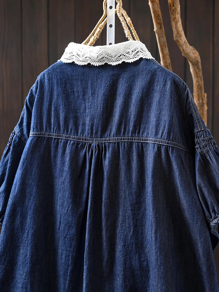 Frauen Casual Baumwolle Denim Hemd Neue Ankunft 2025, Sommer Vintage Stil Spitze Kragen Lose Weibliche Kurzarm Tops Shirts M1460
