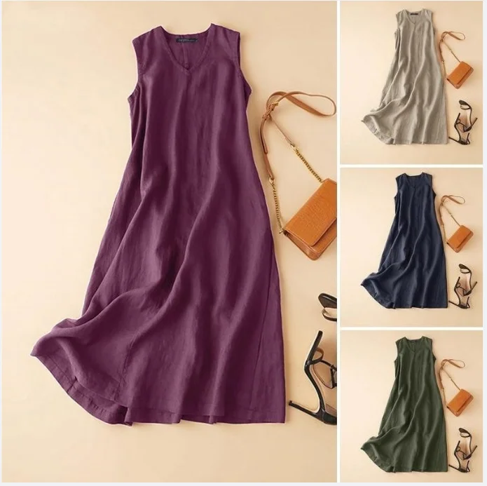 Cotton linen embroidery v neck sleeveless undershirt dress female summer new Korean version of the loose simple temperament