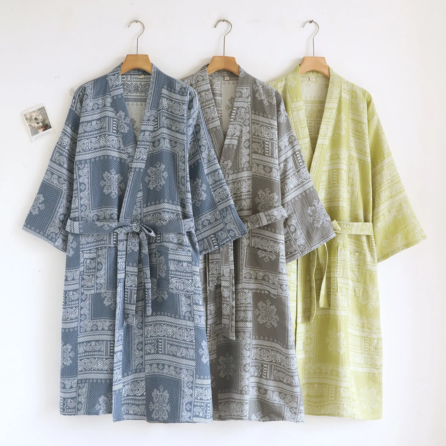 Spring and Summer Thin Retro Style Men's Large-size Robes with Belt Cotton-colored Woven Jacquard Loungewear Absorbent Bathrobe