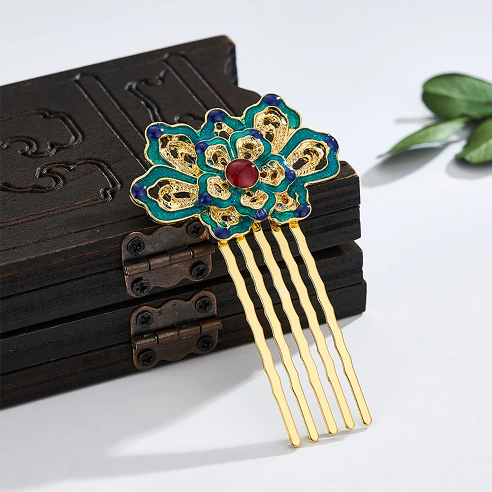 Wedding Women Traditional Chinese Blue  Lotus Hair Accessories Cloisonne Hair Comb Headwear Hanfu Hairpin