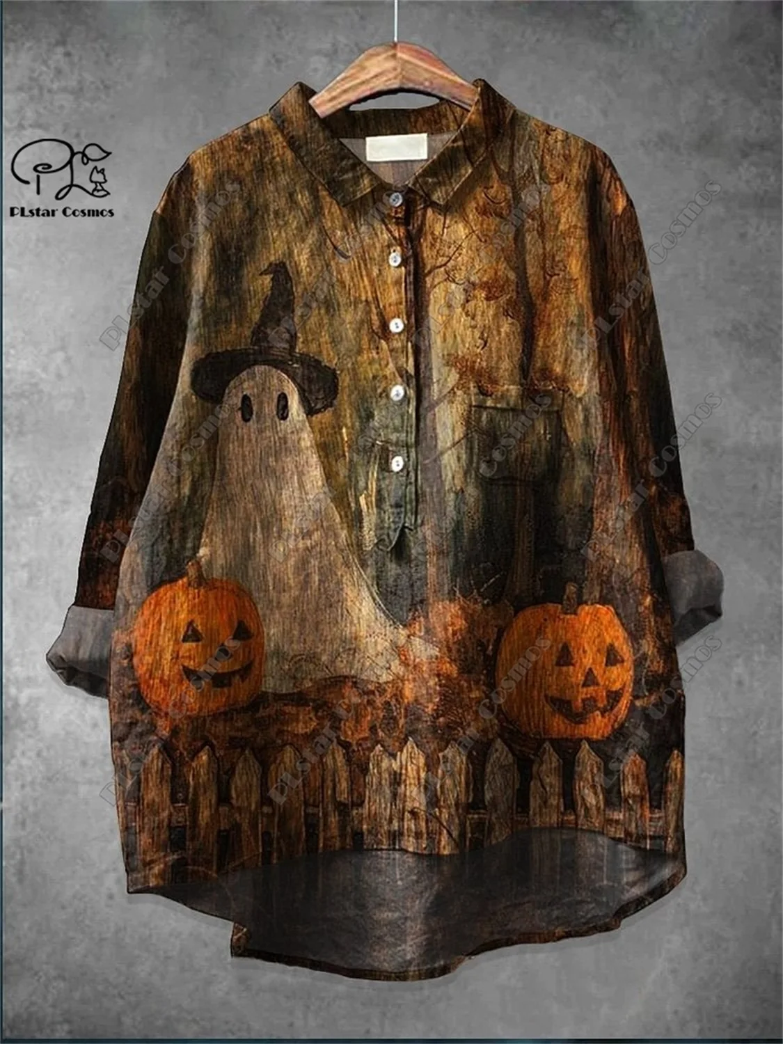 PLstar Cosmos new 3D printed women's loose retro Halloween skull cat witch ghost monster fun casual open tube shirt K-6