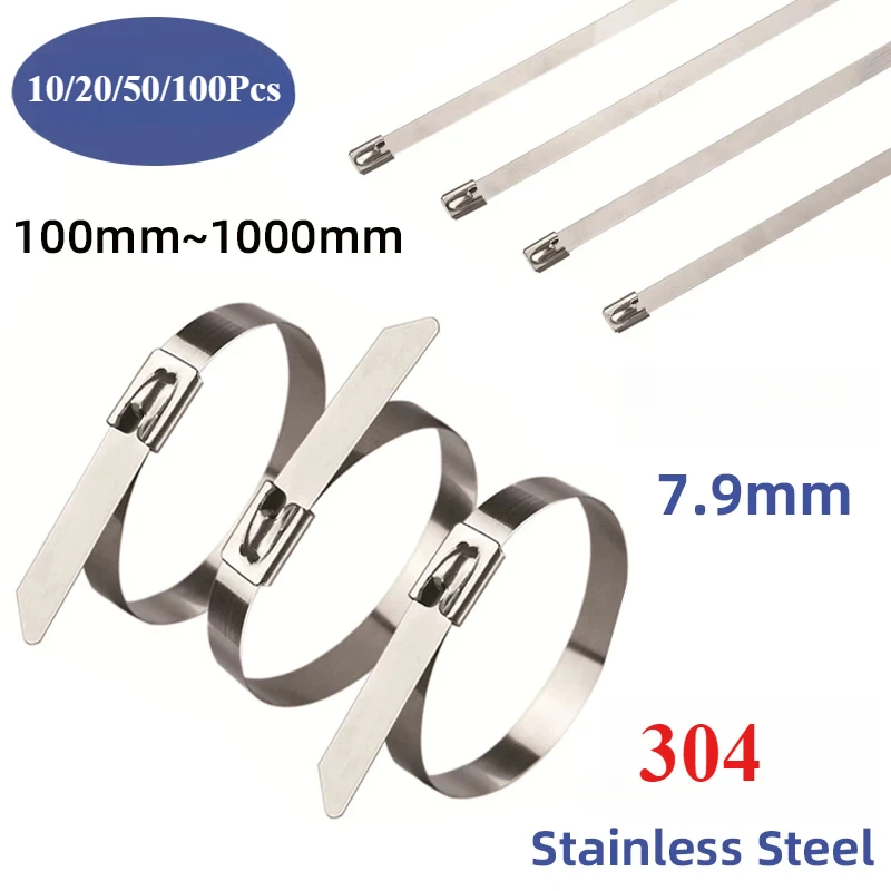 

10/20/50/100pcs 304 Cable Ties Stainless Stee 7.9mm Length 100-1000mm Locking Exhaust Wrap Marine Sealing Metal Zip Tie