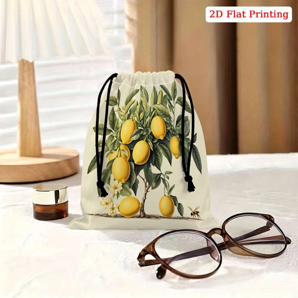 1pc Vintage Style Drawstring Bag Cream Yellow Lemon Tree Print Storage Small Pouch For Glasses Cosmetics Travel Organizer Portab