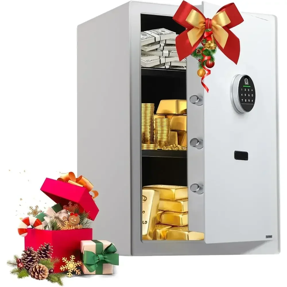 Large Home Safe with Waterproof Interior, Heavy-Duty Digital Lock, Drawer and Removable Shelf for Valuables (White, Fingerprint-