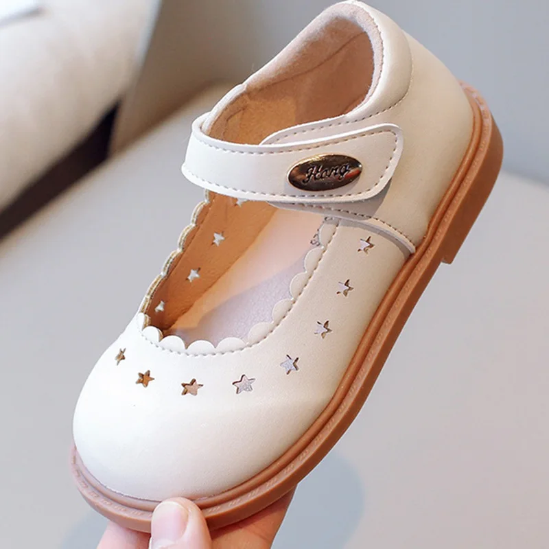 Cute Star Solid Color Casual Shoes for Kids Girls Classical Leather Shoes for Children Princess Outdoor Party Non-slip Shoes