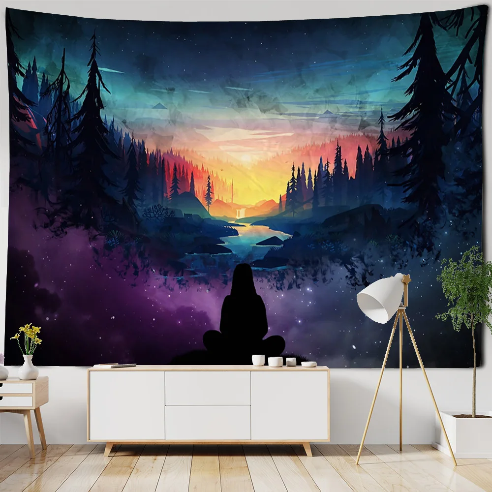 

Starry Sky Oil Painting Tapestry Forest Night Fabric Mural Bohemian Hippies Home Decoration Wall Hanging Cloth Background Poster