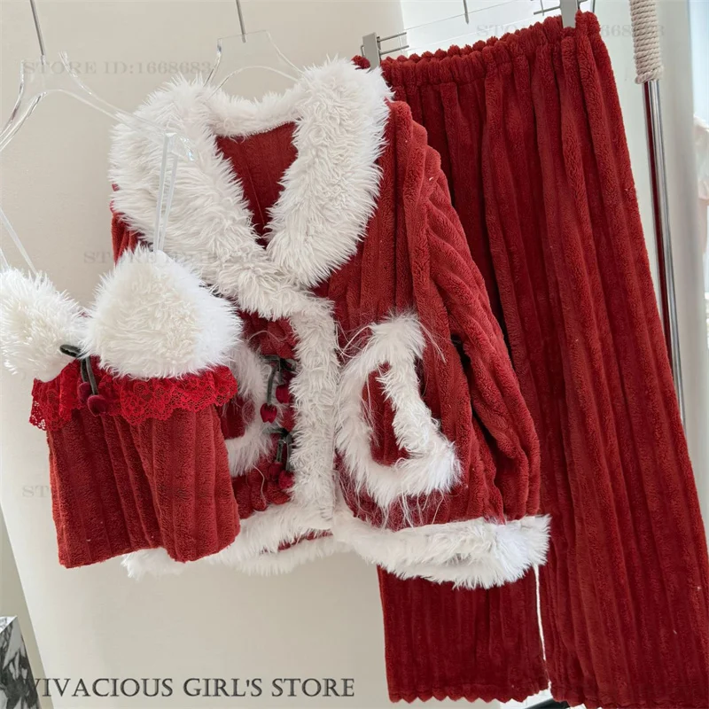 

Coral Fleece Pajamas Three-Piece Set Christmas Sleepwear Home Clothes Gift Autumn Winter New Women Pijamas Suit Thicken Pyjama