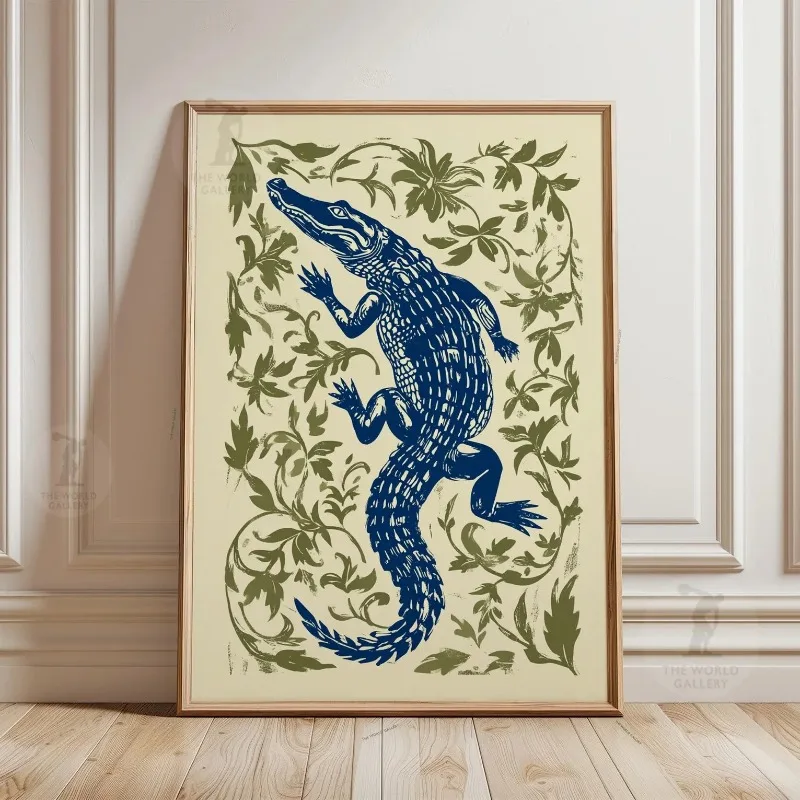Blue Crocodile Print | Navy Alligator Botanical Illustration Poster Home Decor Frameless Canvas Art Wall Decoration Poster