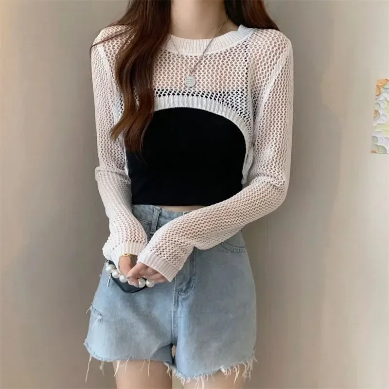 Summer and Autumn Hollow Thin Long-sleeved Shirt Women\'s Round Neck Short Knitted Blouse Drop Shipping Wholesale Sweaters