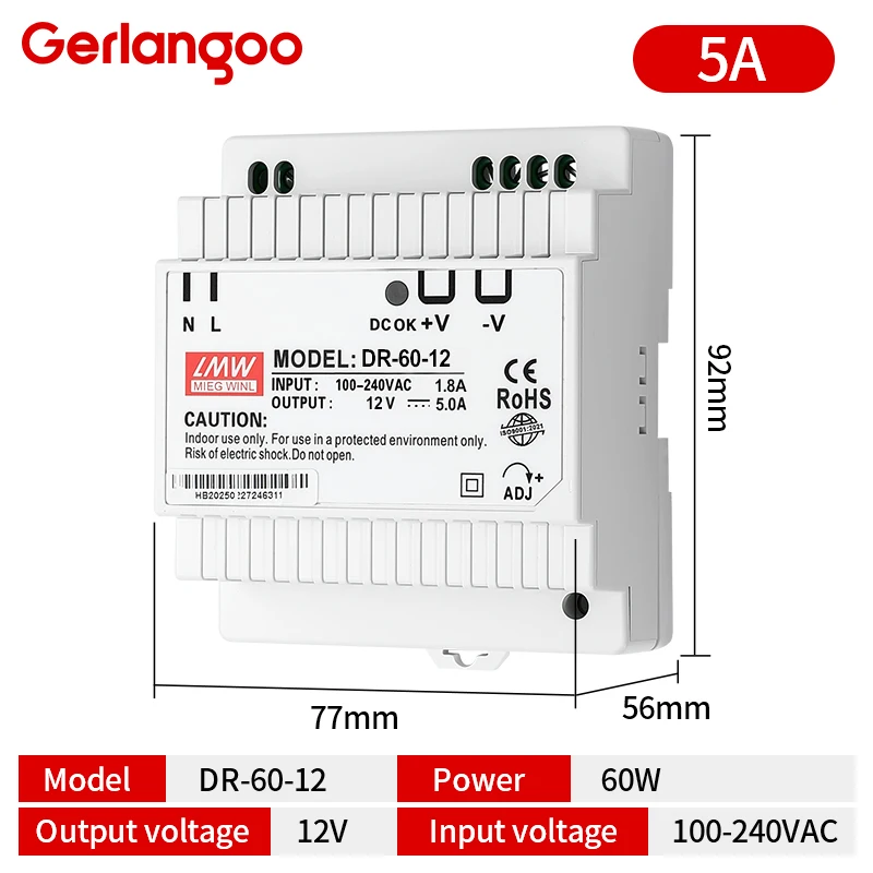 15W 30W 45W 60W Einzelausgang DC 5V 12V 24V Industrielles DIN-Schienen-Netzteil Schalter Eingang 100-240VAC DR-15 DR-30 DR-45 DR-60