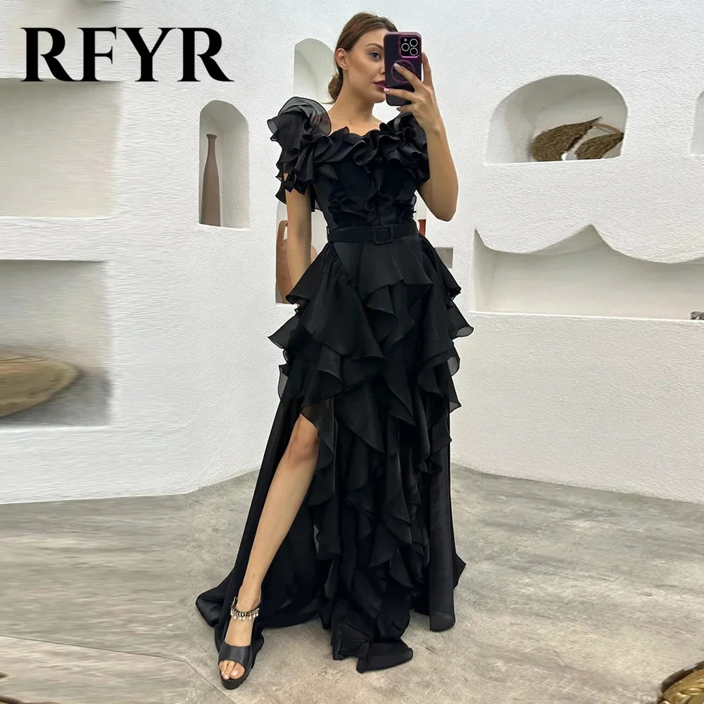 

RFYR Elegant Black Evening Dresses Pleat Ruffles Chiffon Side High Slit Prom Dress with Belt Vestidos De Noche For Women 2024