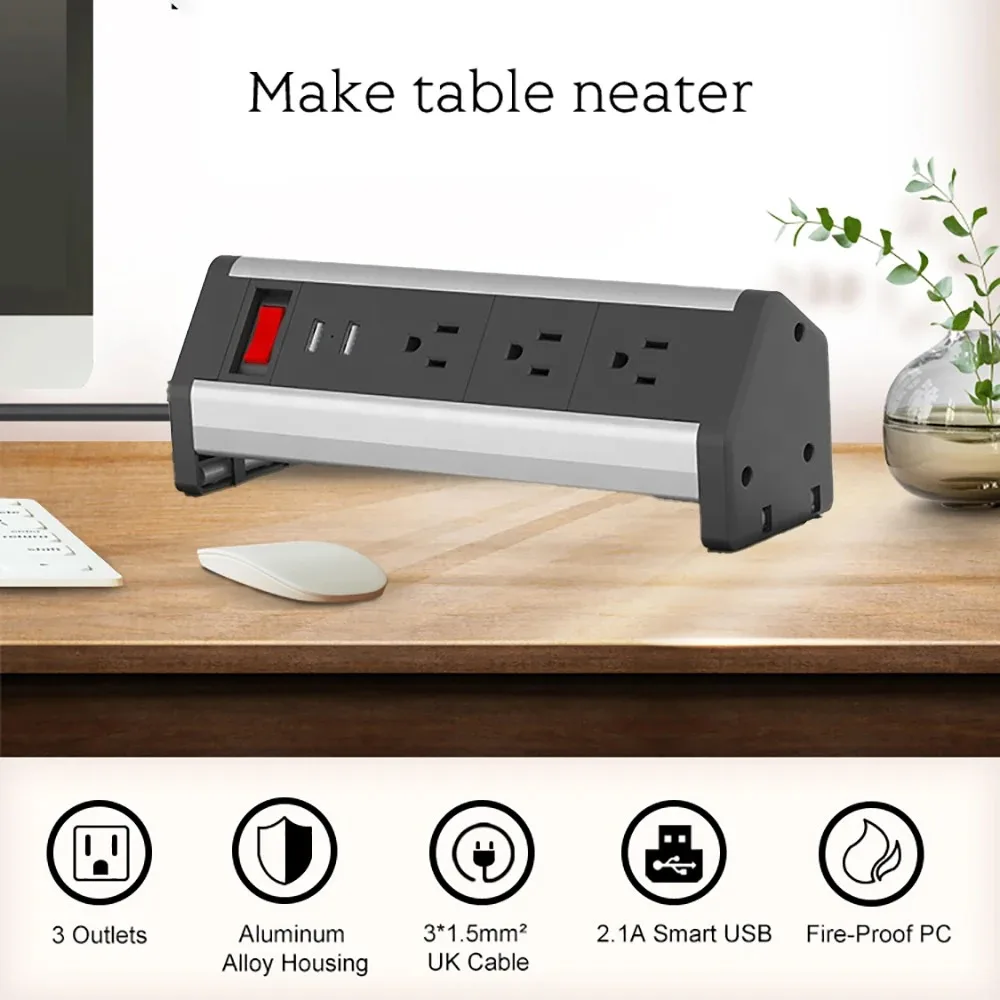 Melery Stand Table Socket US Power Strip Clamp Electrical Plugs Outlets American 3 Ways USB Port for Cabinet Home Office Kitchen