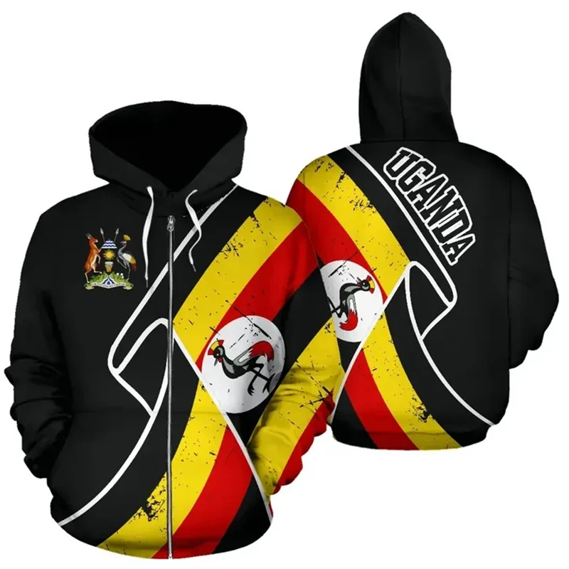 Hoodie Unisex com Bandeira País UGANDA, 3D Impresso Hoodies, Jaqueta Casual, Roupas Treino, Zip Streetwear, Vestuário Africano, 2024