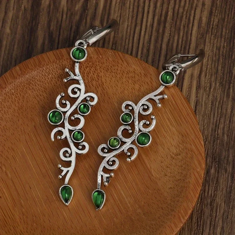 Charm Flower Earrings Vintage Silver Color Green Stone Drop Earrings for Women Jewelry