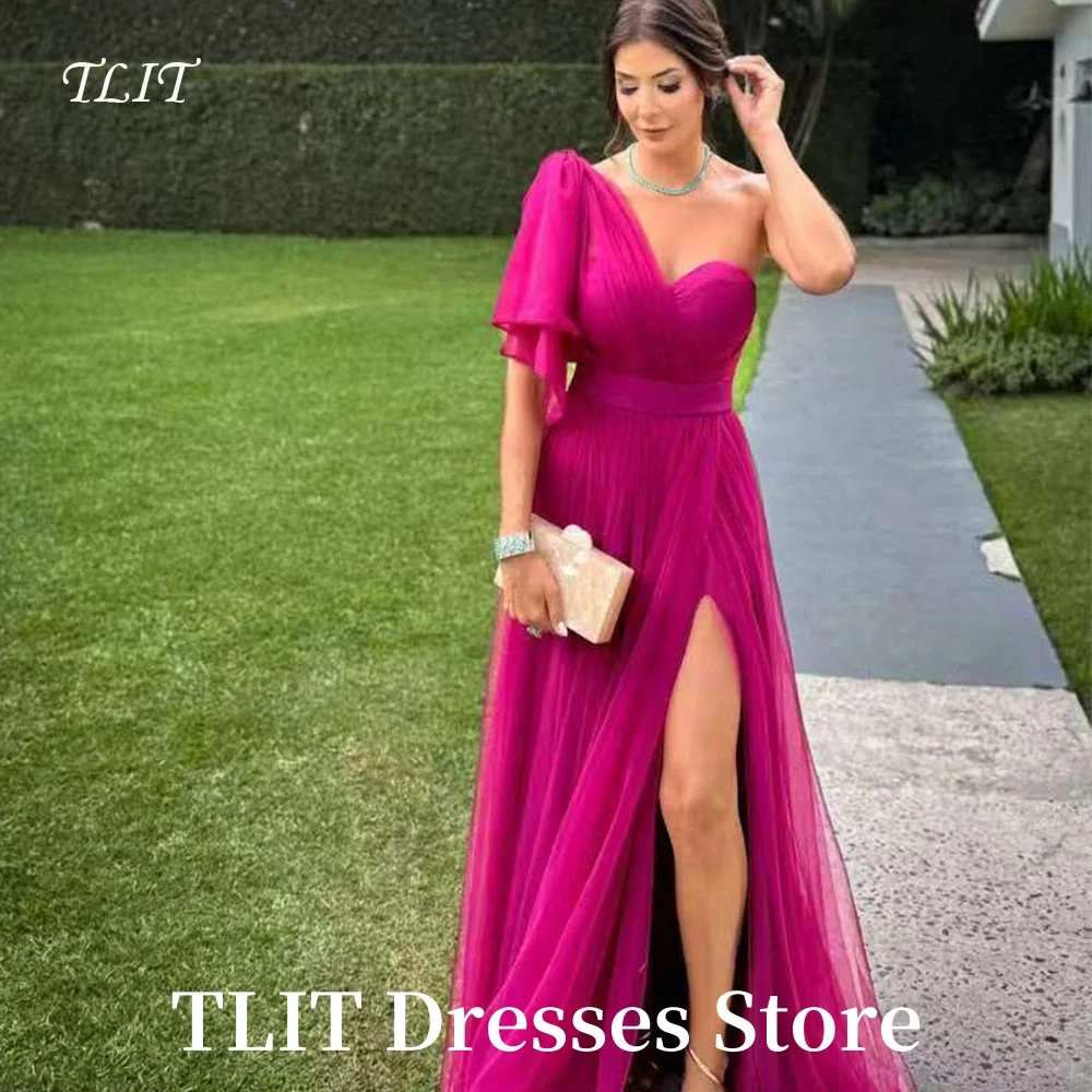 

TLIT Elegant Fuchsia Evening Dress Saudi Arabic Women One Shoulder Split Tulle Long Prom Gown Formal Party Gown Customized
