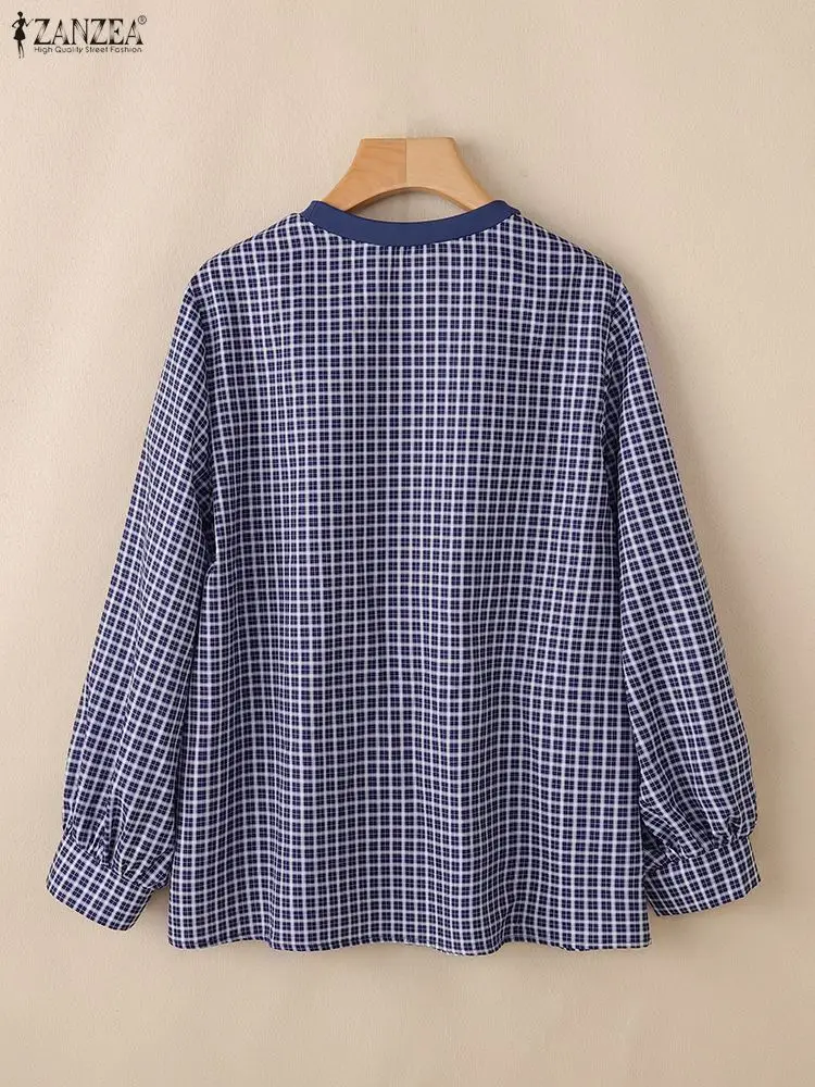 ZANZEA Moda Autunno Camicetta Donna Plaid Patchwork Top Casual O Collo Camicette a maniche lunghe Pullover allentato Elegante camicia da lavoro 2025