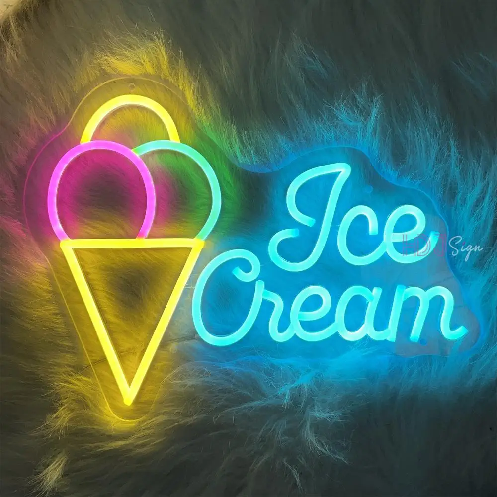 Ice Cream นีออน LED ไฟป้าย Cafe ร้านอาหารเครื่องตกแต่งฝาผนัง LED ไฟปากการูปหัวใจขนมขบเคี้ยวขนมหวาน Neon Night ไฟ USB