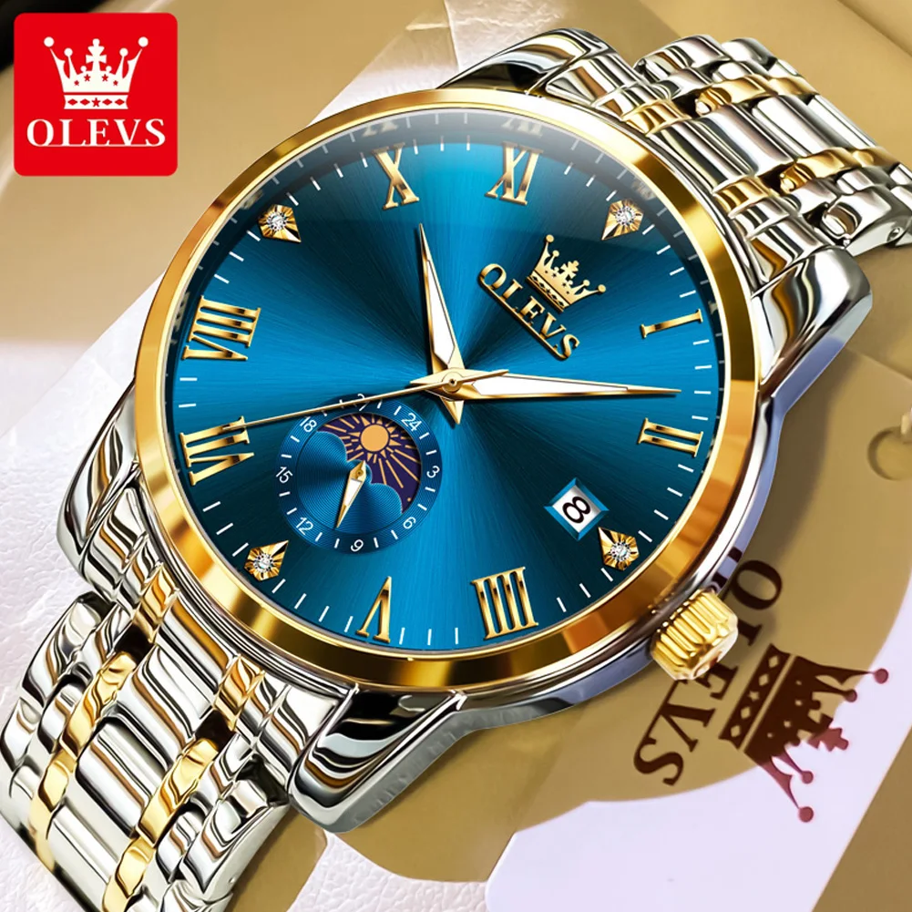 

OLEVS 3656 Деловые мужские часы Роскошные классические часы с календарем фаз Луны из нержавеющей стали Брендовые кварцевые часы Водонепроницаемые светящиеся часы