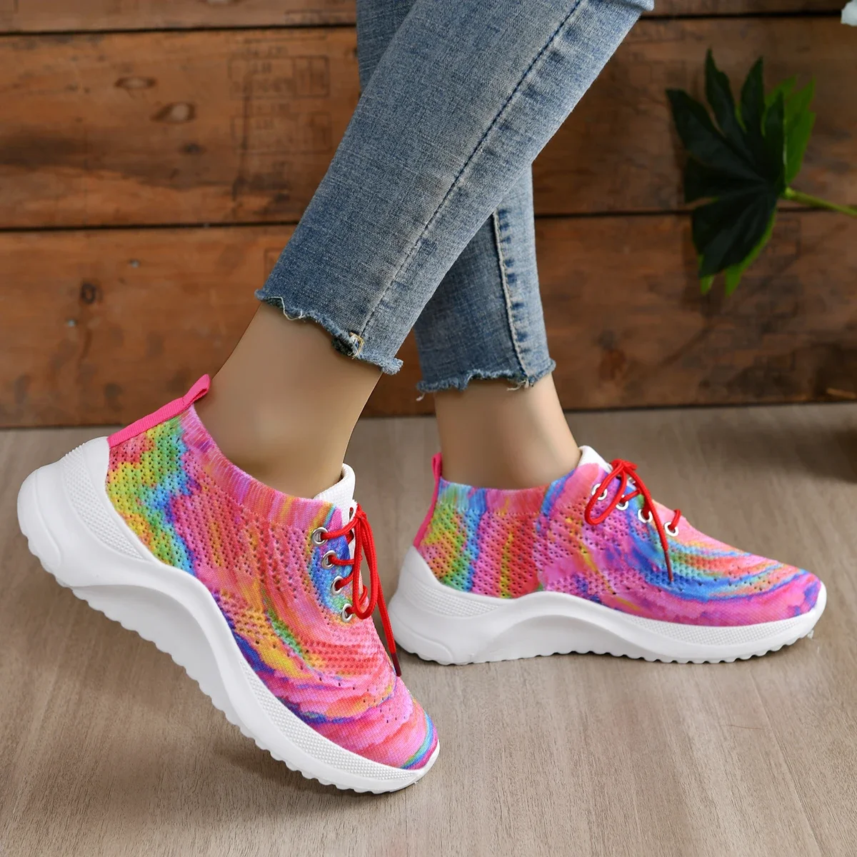 Fashion Rainbow Mesh Platform Sneakers for Women Summer Non Slip Knitting Tennis Shoes Woman Lace Up Casual Walking Trainers