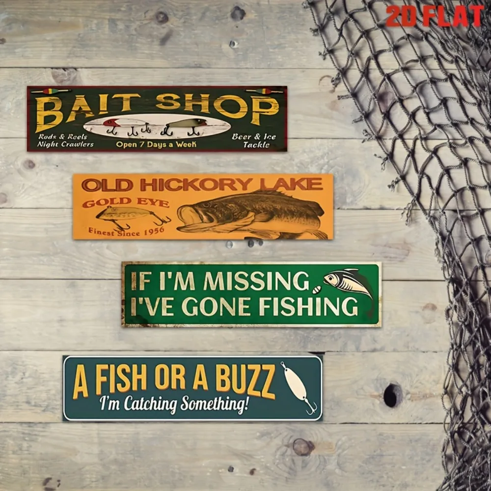 2D Flat Metal Fishing Theme Wall Hanging Signs 4pcs Vintage Funny Fisher Quote Plaque Lake House Interior Decor
