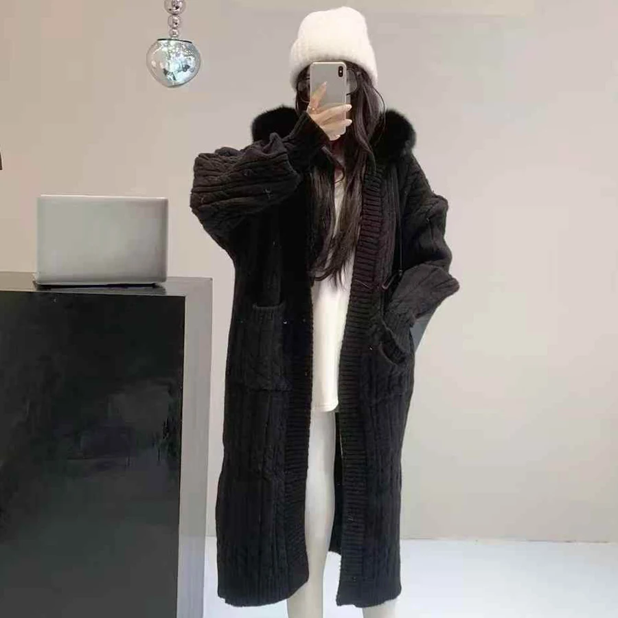 Felpa con cappuccio Maglioni con collo in vera pelliccia di volpe per donna Maglione in cashmere Autunno Inverno Nuovo stile Giacche in pelliccia di cashmere