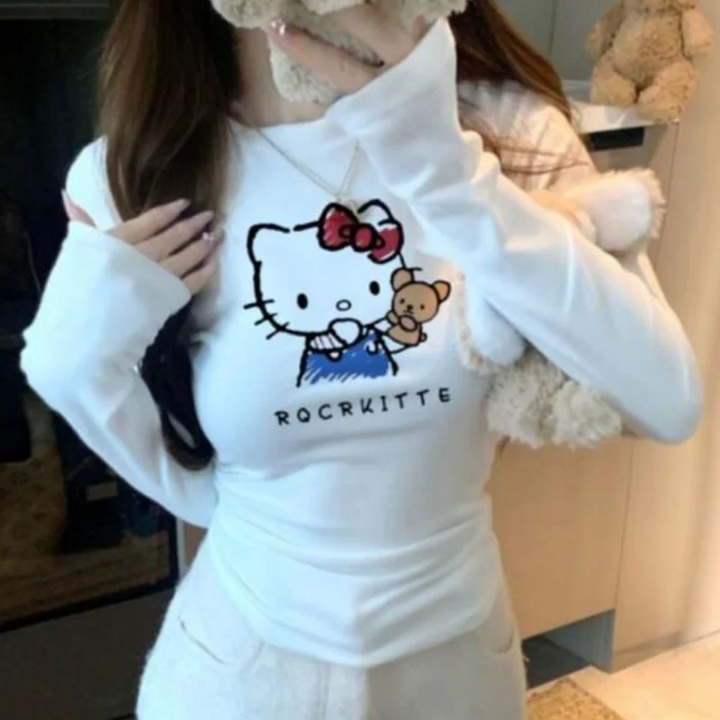 

Женская футболка Sanrio Hello Kitty, топы с длинными рукавами из начесанного флиса, модный милый топ на весну, осень и зиму