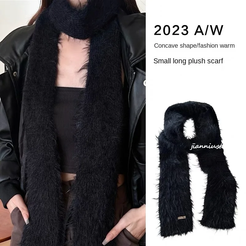 Korean Y2K Long Thin Fluffy Scarf for Women\'s Plush Warm Knitted Shawl Girl Designer Fashion Faux Mink Fur Skinny Scarves