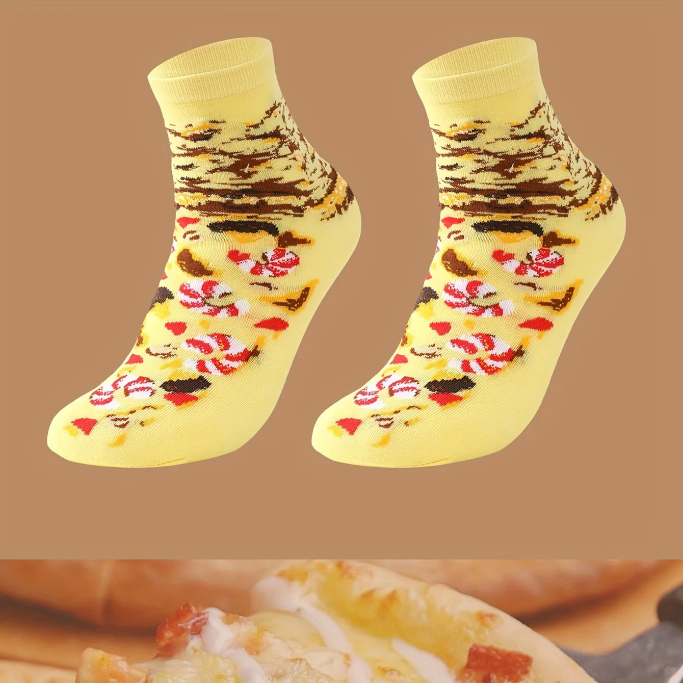 A pair of unique colorful pizza patterns men and women giving friends gift socks for four seasons on the eve of Halloween