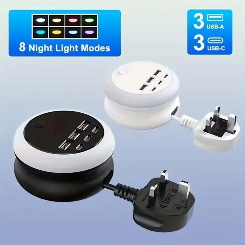 6-Port USB Charging Hub with 3Prong Plug, 3 USB-A 3 USB C Outlets, Retractable 1.2 M Cord, LED Night Light for Desk Travel D2RC