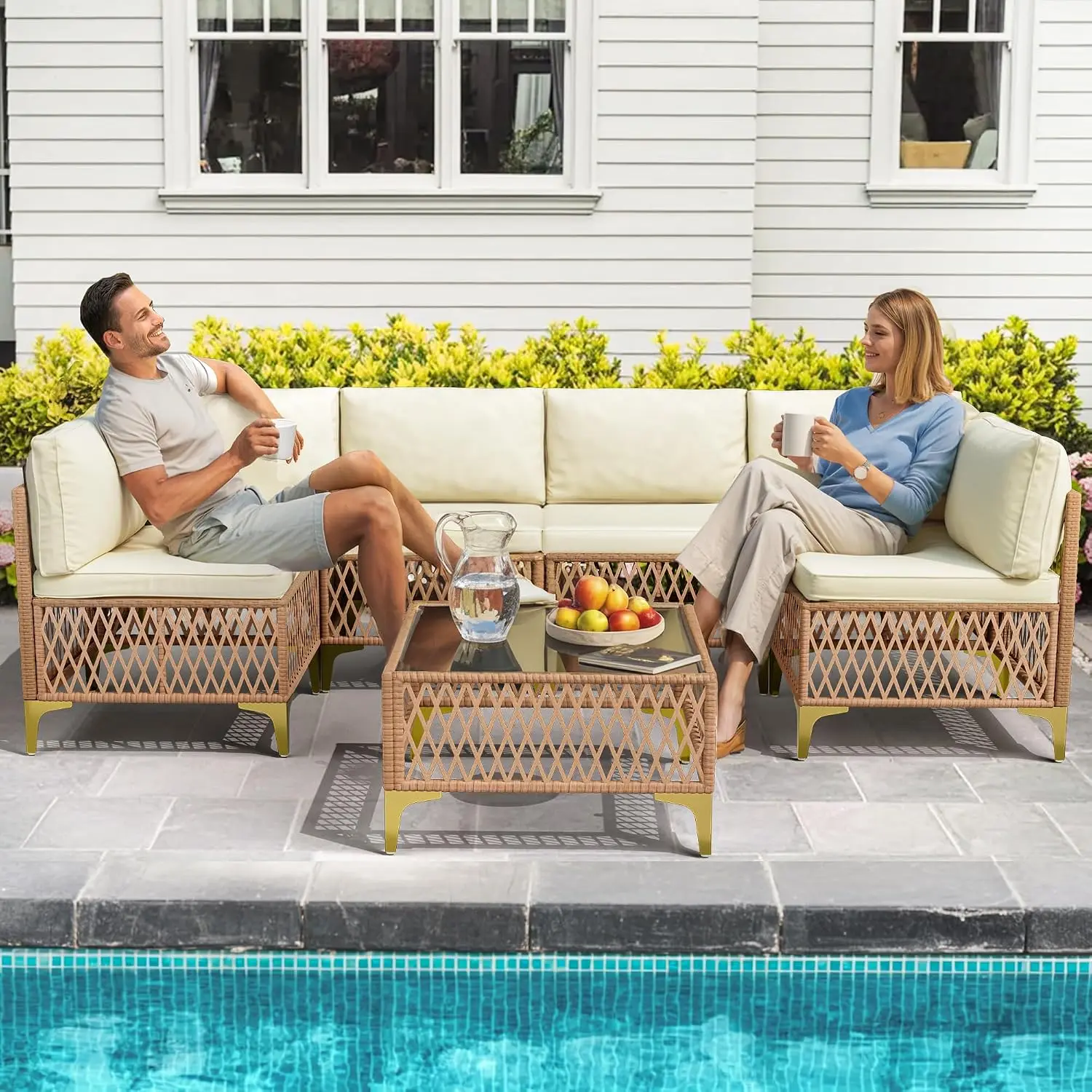 7-Piece Wicker Outdoor Sectional Sofa Set with Washable Cushions & Glass Table for Backyard Porch, Customized