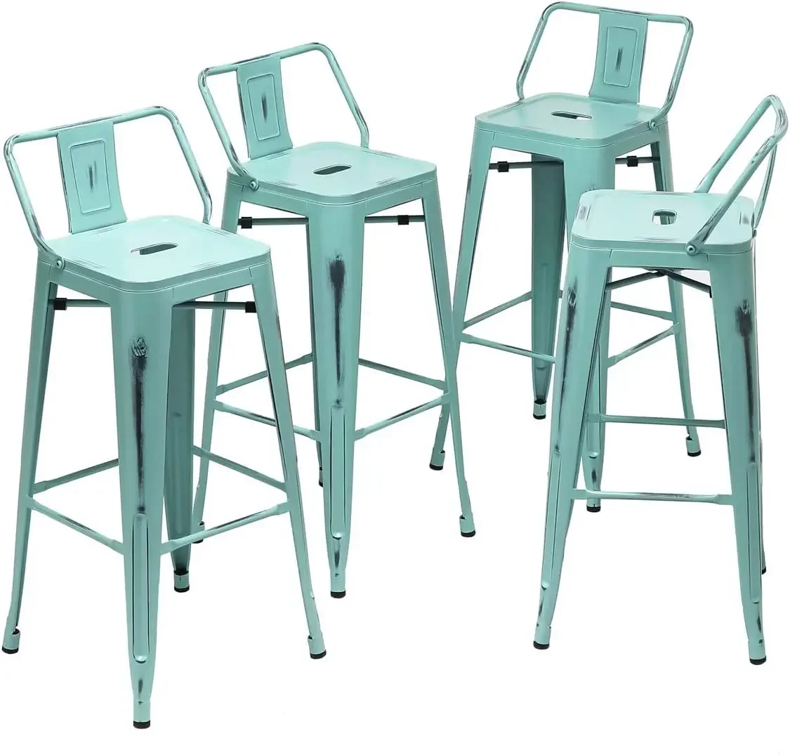 [تخفيضات سريعة، تصفية! ] مجموعة مقاعد بار معدنية مقاس 24 بوصة مكونة من 4 مقاعد حديثة بارتفاع عداد مع كراسي بار صناعية منخفضة الظهر