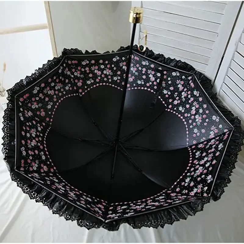 Sombrilla de encaje de flores 3D para mujer, recubrimiento negro, protector solar Anti UV, portátil para exteriores, resistente al viento, Vintage