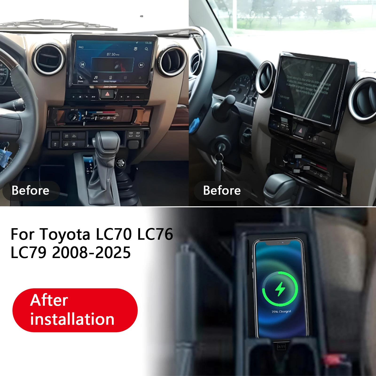 2 DIN For Toyota LC70 LC76 LC79 2008-2025 Car center console phone charger fast wireless charger charging plate charging holder