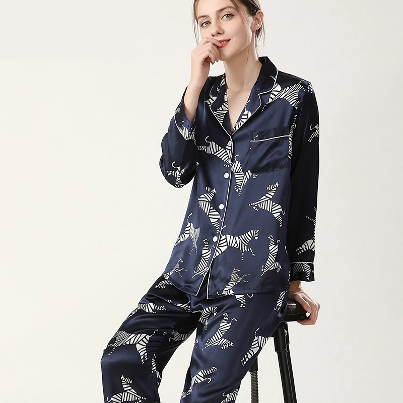 100% Mulberry Silk Pyjama Set Luxury Women Rose Print Nightwear Pajamas Long Sleeve Trousers Homewear Button Down Loungewear
