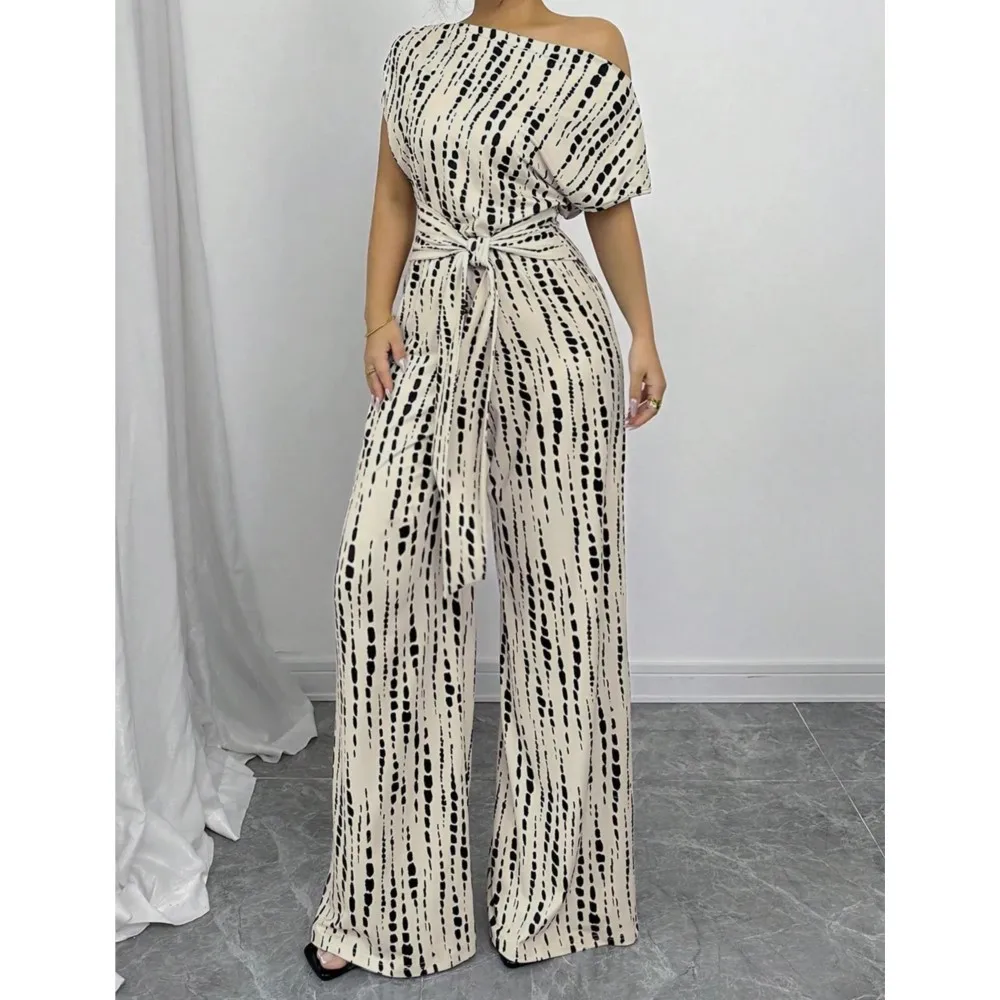 

Women's Off Shoulder Jumpsuit Short Sleeve Wide Leg Pants Waist Tie Print Casual Summer Romper Fashion Vacation Long Jumpsuit