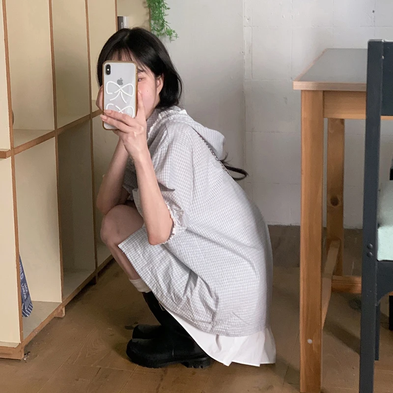 MEXZT Vintage chemises à carreaux femmes japonais Harajuku à capuche dentelle Patchwork Blouses été coréen à manches courtes hauts amples décontractés