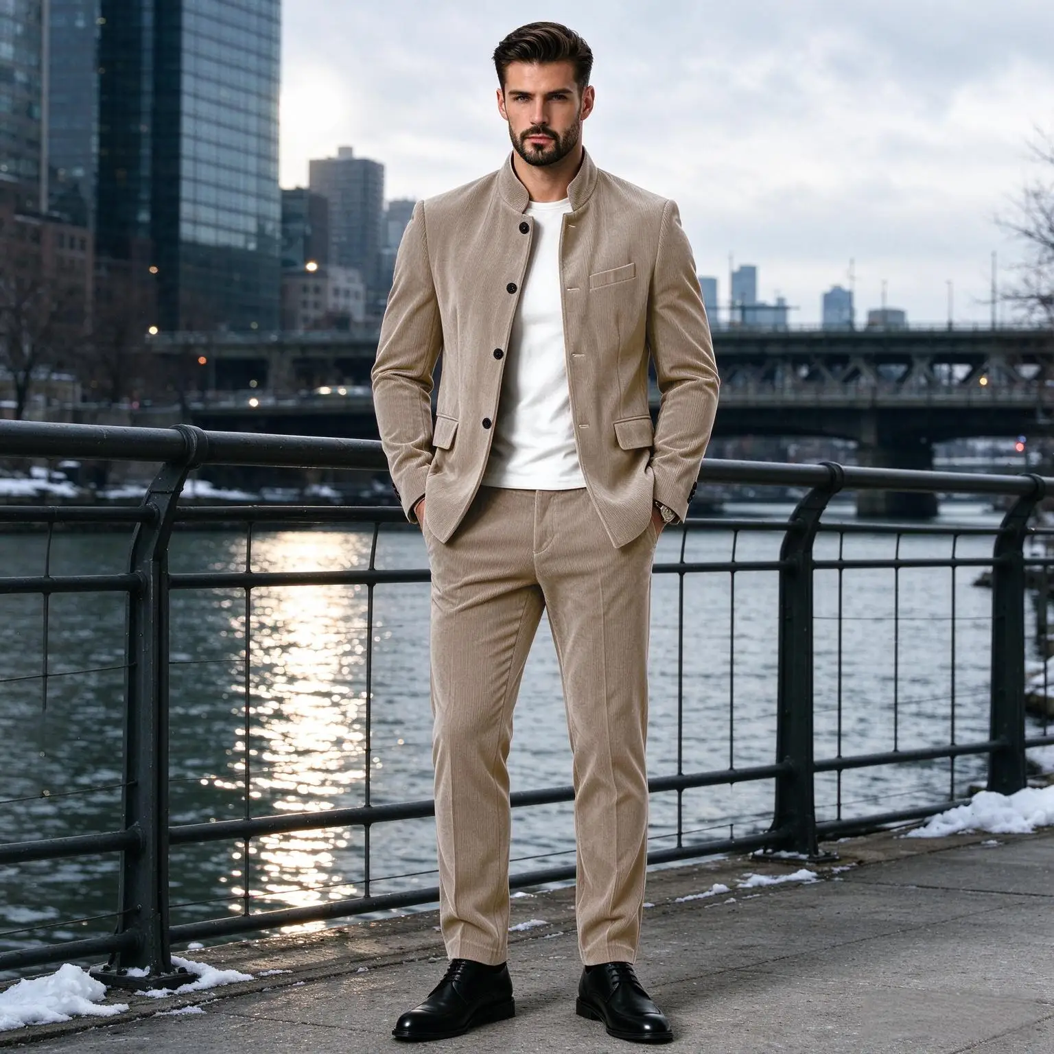 Men Corduroy 2‑Piece Suit Set Mandarin Collar Blazer Pants Solid Color Business Casual Male Outfit For Office Party Dating