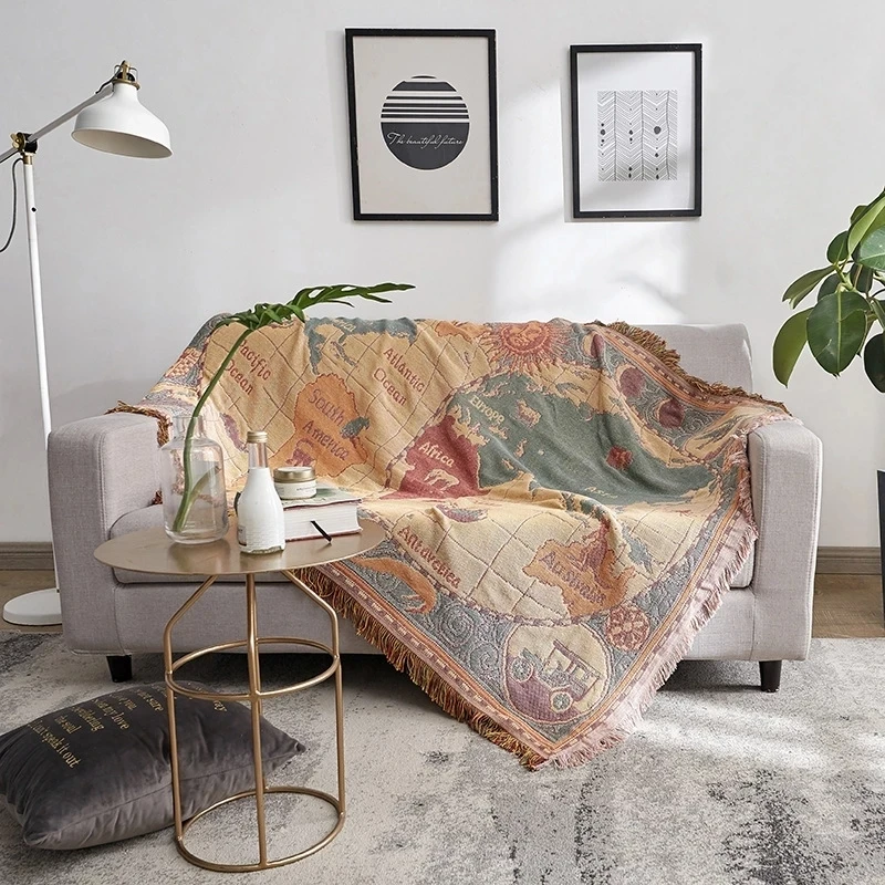 

World map Cotton Bohemian Plaids Home Blanket Knitted Dustproof Sofa Cover Blanket Anti-Slip Decorative Blankets For Tea Table