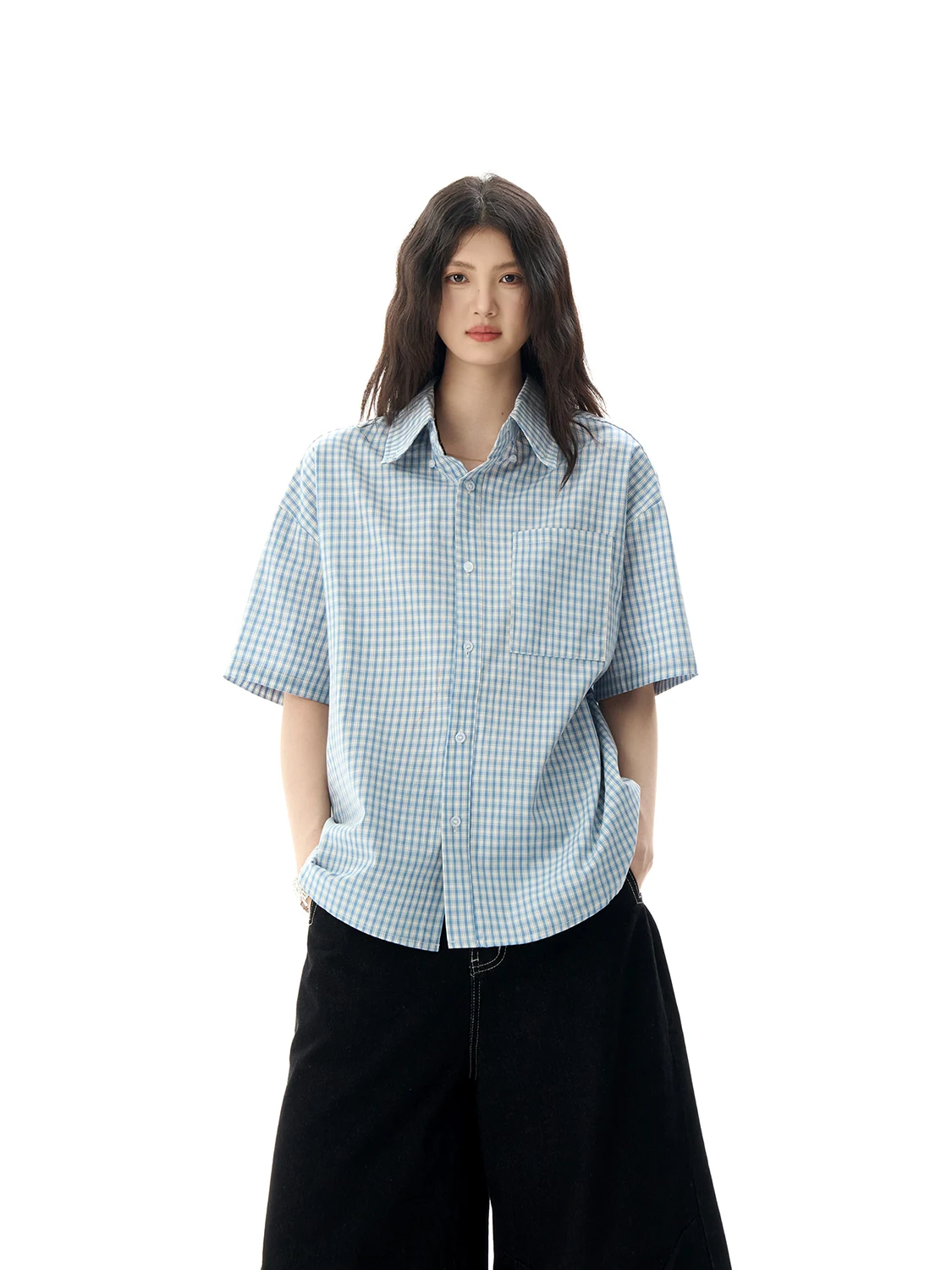 

American Retro Light Blue Plaid ort Sve irt Loose Casual ex High End Feeling Haome Loose Couple irt