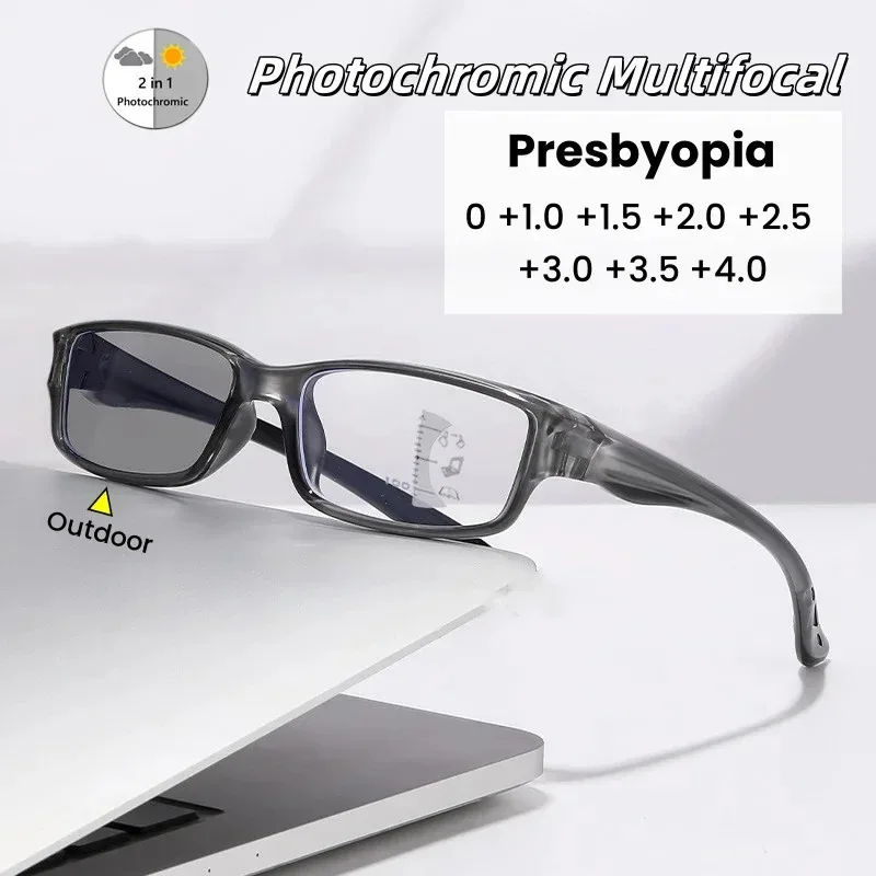 Sports Photochromic Reading Glasses for Women Men Vintage Color Changing Progressive Multifocal Presbyopia Glasses