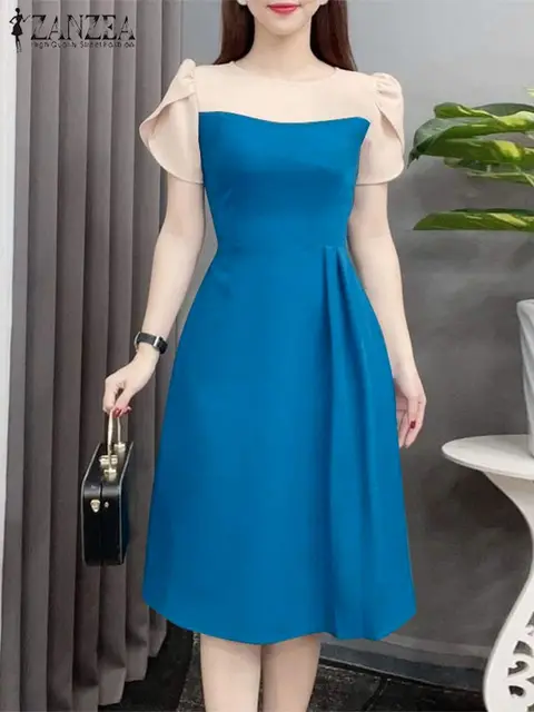 ZANZEA Elegancka damska sukienka w talii 2024 Letnia patchworkowa sukienka z okrągłym dekoltem Vestidos Modna sukienka z krótkim rękawem Vintage Szlafrok biurowy
