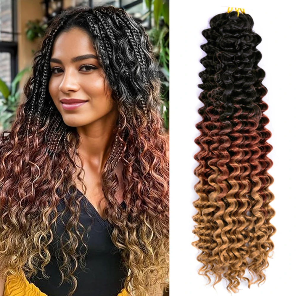 Rambut renda sintetis ekstensi rambut kepang gelombang air 24 inci rambut keriting Afro Ombre pirang dalam ombak besar rambut Crochet untuk wanita