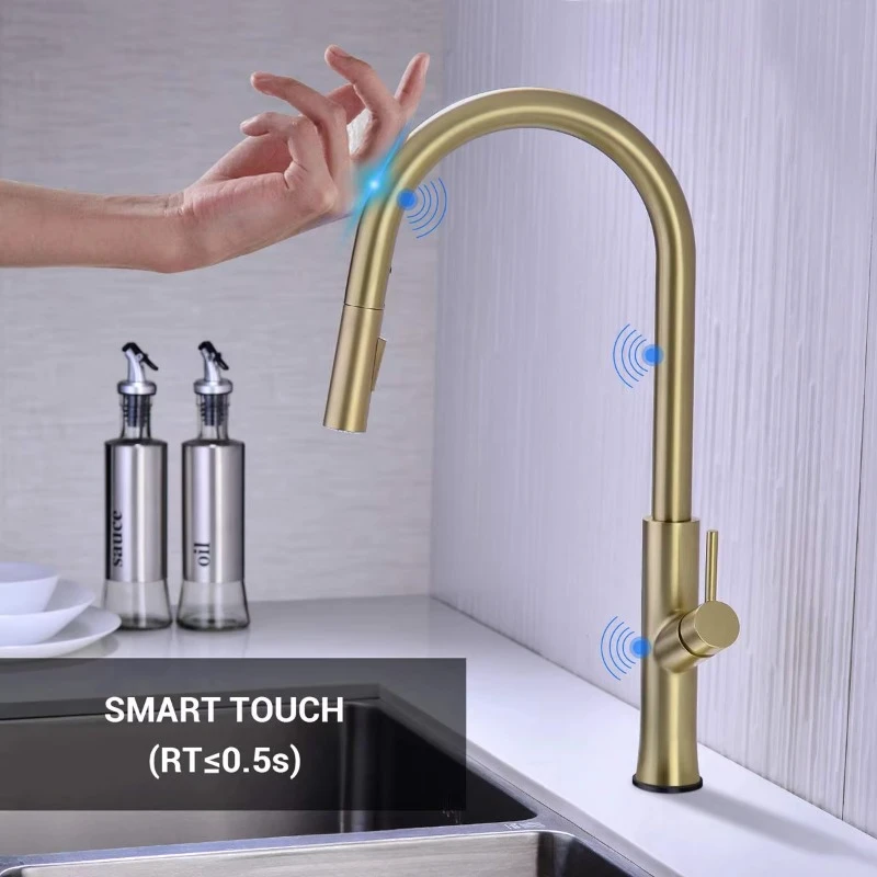 Modern 304 Stainless Steel Kitchen Sink Water Taps Gold Black Brushed Color Pull Out Smart Touch Sensor Kitchen Faucet