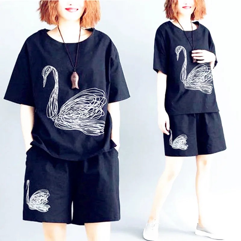 Embroidered Summer Plus Size Women Loose Sports Leisure Set Shorts T Shirt Shirts Short Sleeved Fat Two-Piece Set
